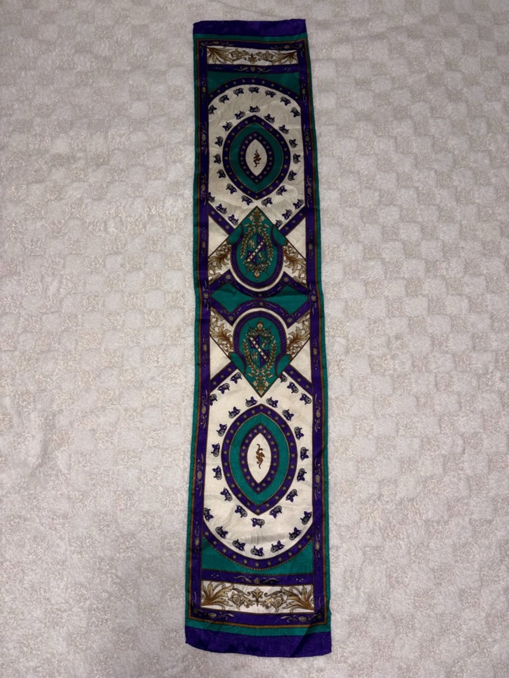Vintage Long Satin Scarf in Teal, Purple & Ivory • 52” x 10.5”